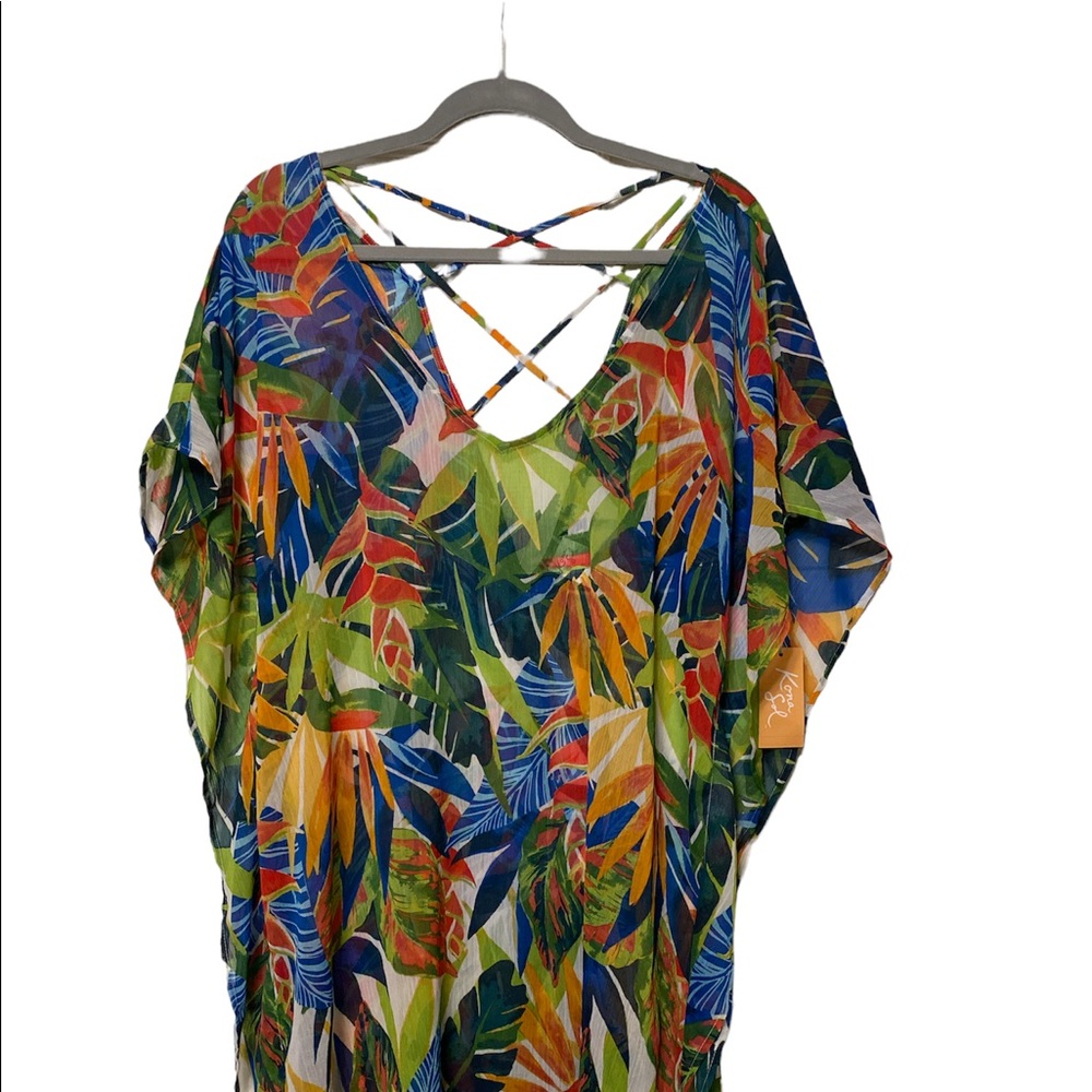 NWT M Floral Blouse Poncho Coverup with Tassels
